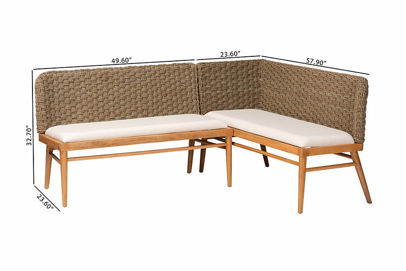 Euclid Modern Bohemian Natural Seagrass and Acacia Wood 2-Piece Dining Nook Banquette Set