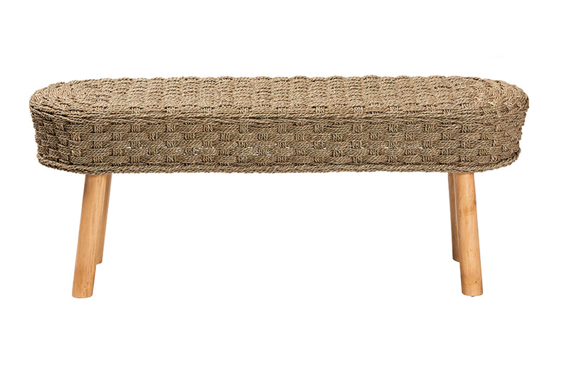 Euclid Modern Bohemian Natural Seagrass and Acacia Wood Accent Bench