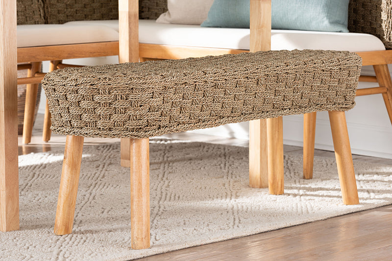 Euclid Modern Bohemian Natural Seagrass and Acacia Wood Accent Bench