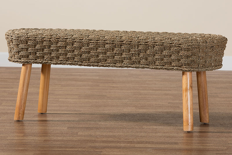 Euclid Modern Bohemian Natural Seagrass and Acacia Wood Accent Bench