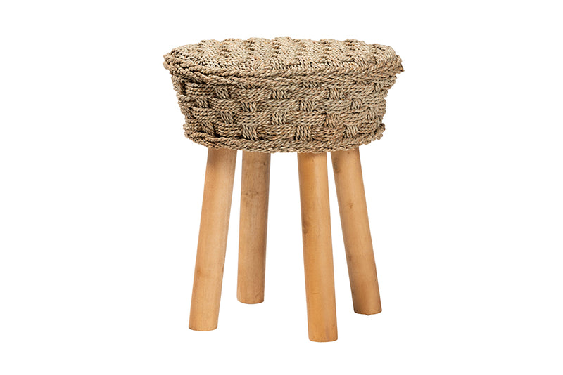 Euclid Modern Bohemian Natural Seagrass and Acacia Wood Stool