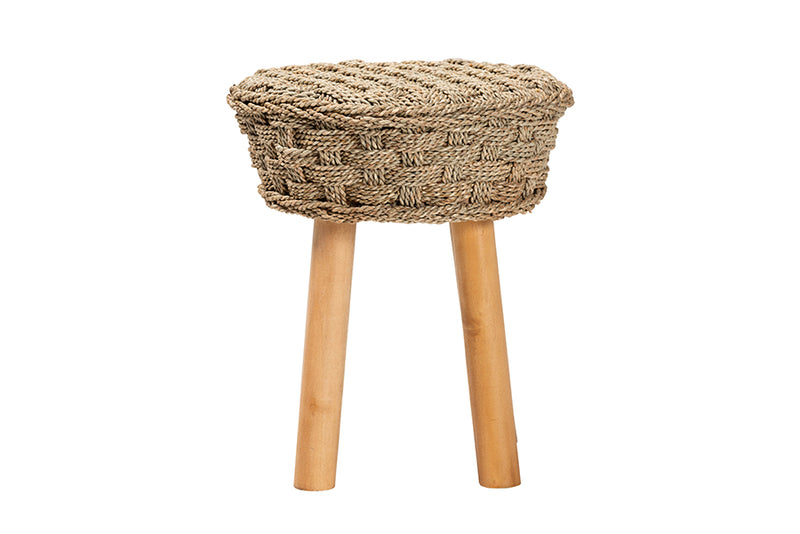 Euclid Modern Bohemian Natural Seagrass and Acacia Wood Stool