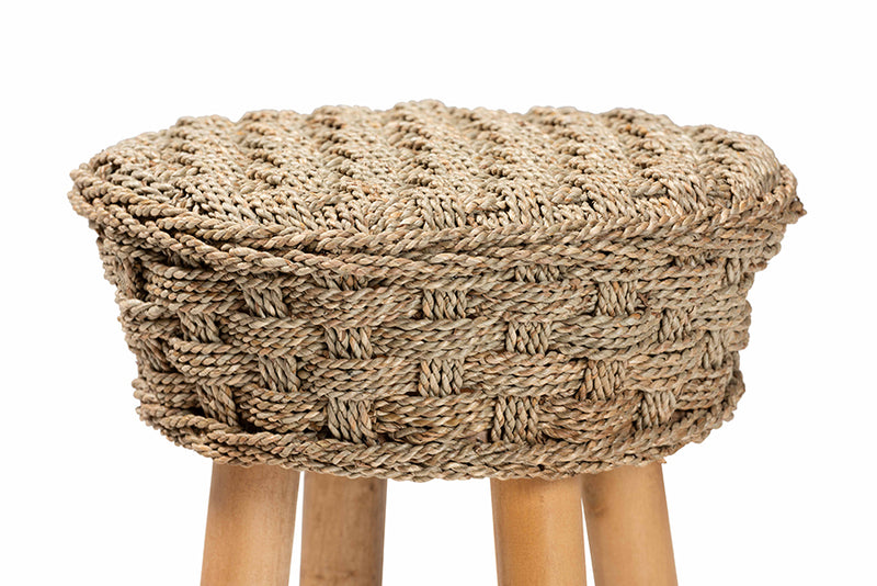 Euclid Modern Bohemian Natural Seagrass and Acacia Wood Stool