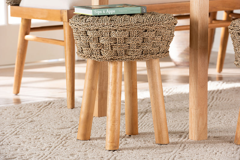 Euclid Modern Bohemian Natural Seagrass and Acacia Wood Stool