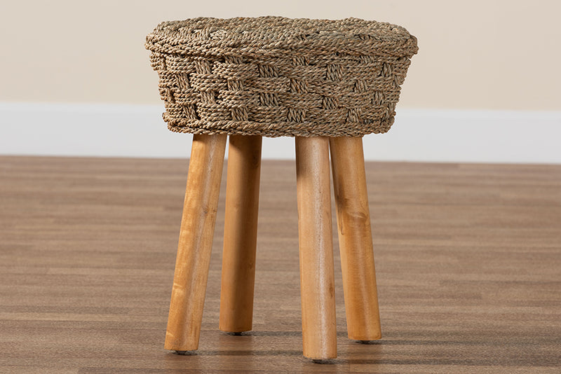 Euclid Modern Bohemian Natural Seagrass and Acacia Wood Stool