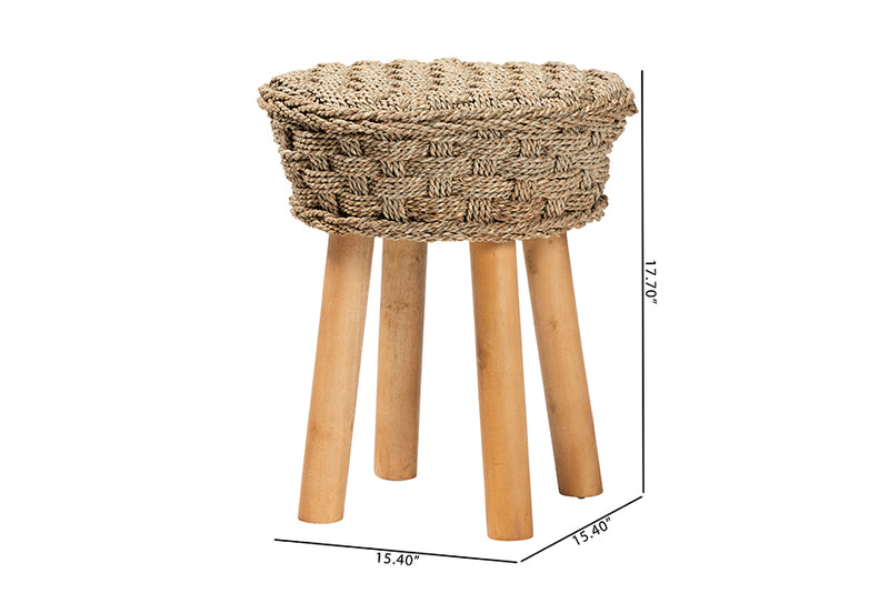 Euclid Modern Bohemian Natural Seagrass and Acacia Wood Stool