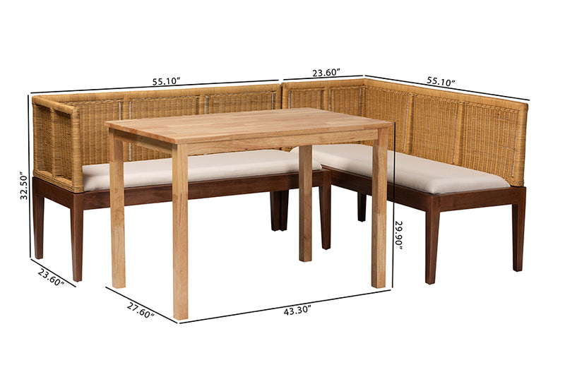 Alena Modern Bohemian Natural Brown Rattan and Brown Acacia Wood 3-Piece Dining Nook set