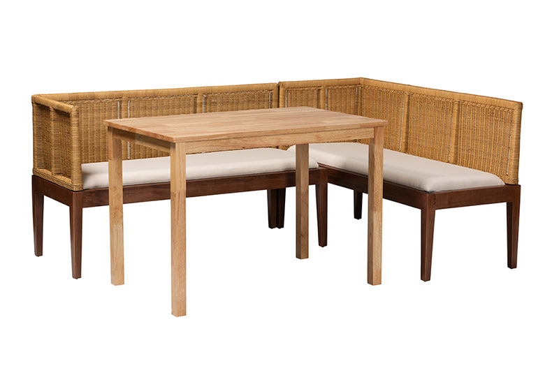 Alena Modern Bohemian Natural Brown Rattan and Brown Acacia Wood 3-Piece Dining Nook set