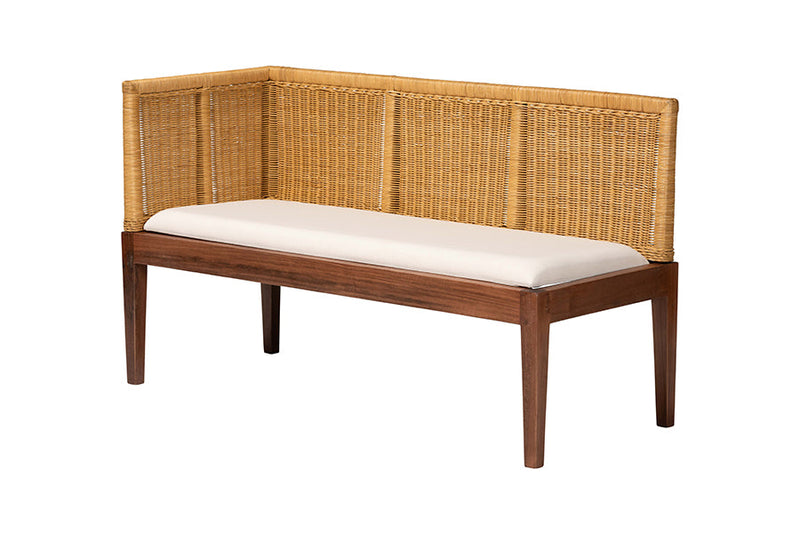 Alena Natural Brown Rattan and Brown Acacia Wood 3-Piece Dining Nook set Baxton