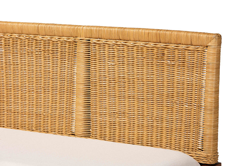 Alena Natural Brown Rattan and Brown Acacia Wood 3-Piece Dining Nook set Baxton