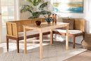 Alena Natural Brown Rattan and Brown Acacia Wood 3-Piece Dining Nook set Baxton
