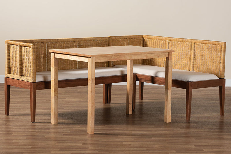 Alena Natural Brown Rattan and Brown Acacia Wood 3-Piece Dining Nook set Baxton