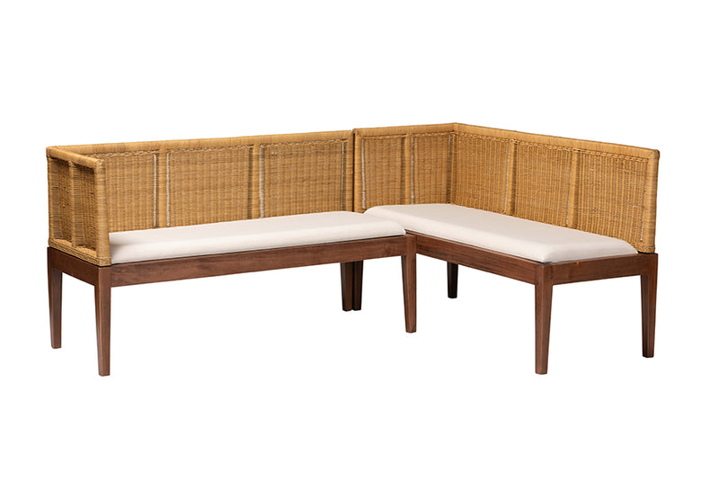 Alena Modern Bohemian Nautral Brown Rattan and Brown Acacia Wood 2-Piece Dining Nook Banquette Set