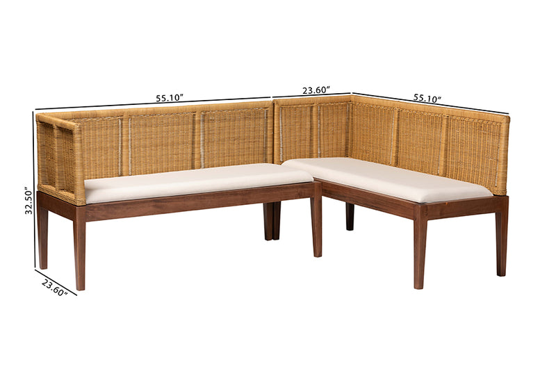 Alena Modern Bohemian Nautral Brown Rattan and Brown Acacia Wood 2-Piece Dining Nook Banquette Set