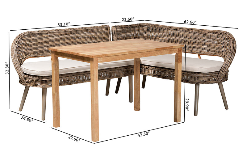 Vologne Modern Bohemian Greywashed Seagrass Bench and Wood Table 3-Piece Dining Nook Set