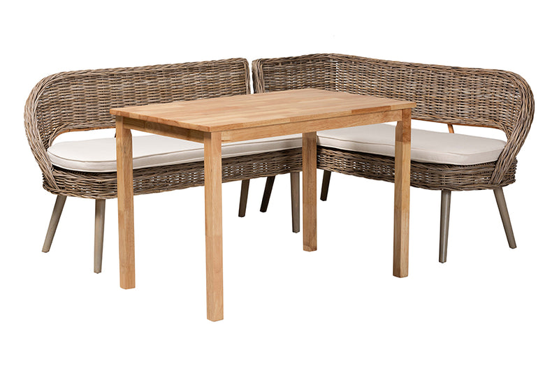 Vologne Modern Bohemian Greywashed Seagrass Bench and Wood Table 3-Piece Dining Nook Set