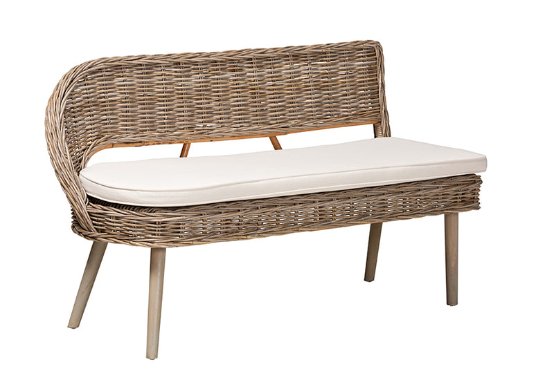 Vologne Modern Bohemian Greywashed Seagrass Bench and Wood Table 3-Piece Dining Nook Set