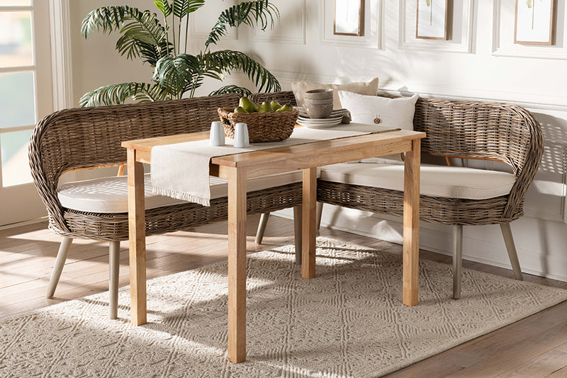 Vologne Modern Bohemian Greywashed Seagrass Bench and Wood Table 3-Piece Dining Nook Set