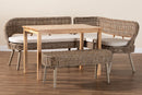 Vologne Greywashed Seagrass Bench and Wood Table 4Pc Dining Nook Set Baxton