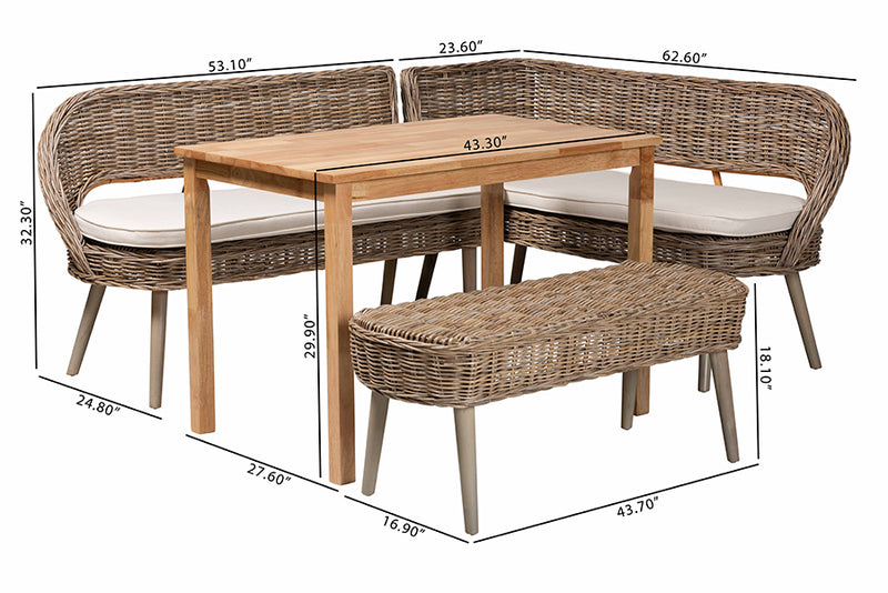 Vologne Modern Bohemian Greywashed Seagrass Bench and Wood Table 4-Piece Dining Nook Set