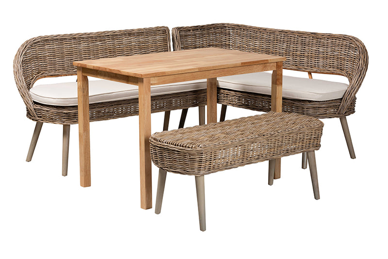 Vologne Modern Bohemian Greywashed Seagrass Bench and Wood Table 4-Piece Dining Nook Set