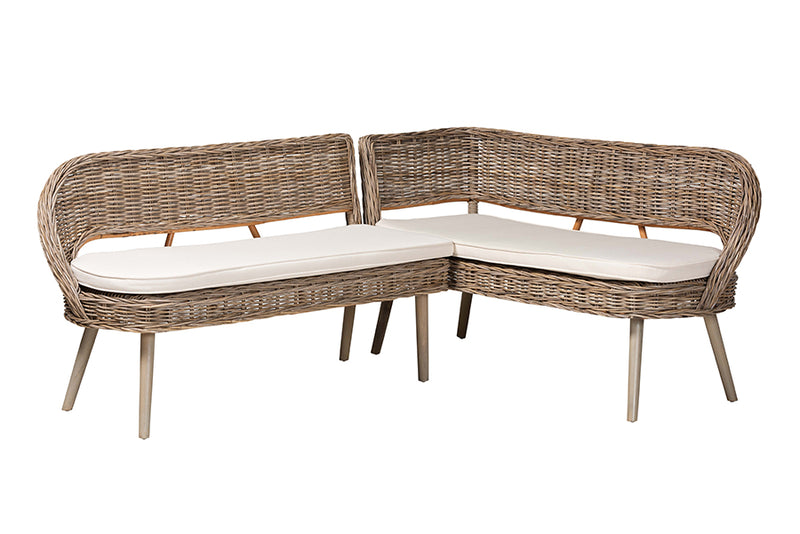 Vologne Modern Bohemian Greywashed Seagrass and Acacia Wood 2-Piece Dining Nook Banquette Set