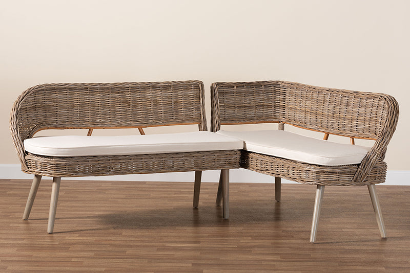 Vologne Modern Bohemian Greywashed Seagrass and Acacia Wood 2-Piece Dining Nook Banquette Set