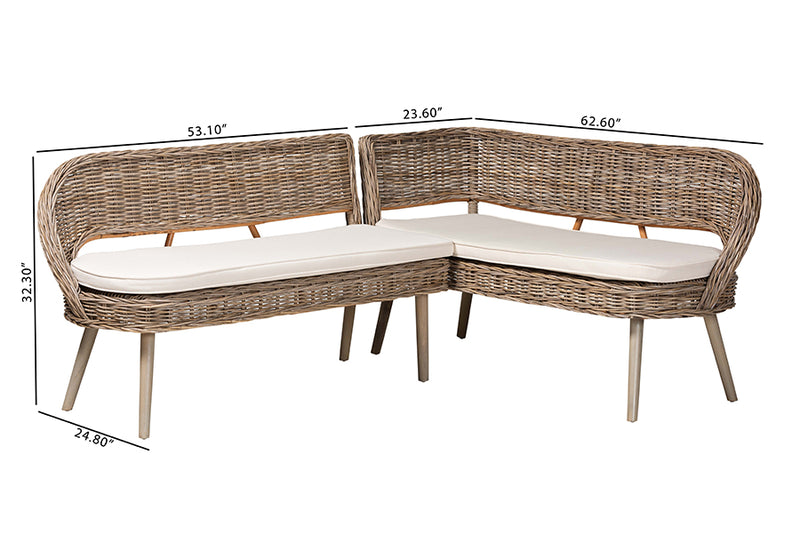 Vologne Modern Bohemian Greywashed Seagrass and Acacia Wood 2-Piece Dining Nook Banquette Set