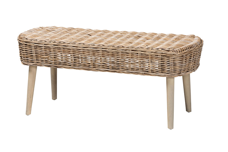 Vologne Modern Bohemian Natural Kubu Rattan and Gray Acacia Wood Accent Bench