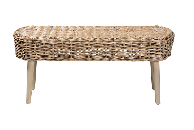 Vologne Modern Bohemian Natural Kubu Rattan and Gray Acacia Wood Accent Bench