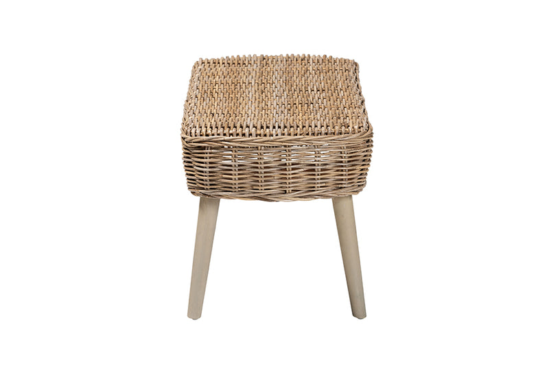 Vologne Modern Bohemian Natural Kubu Rattan and Gray Acacia Wood Accent Bench