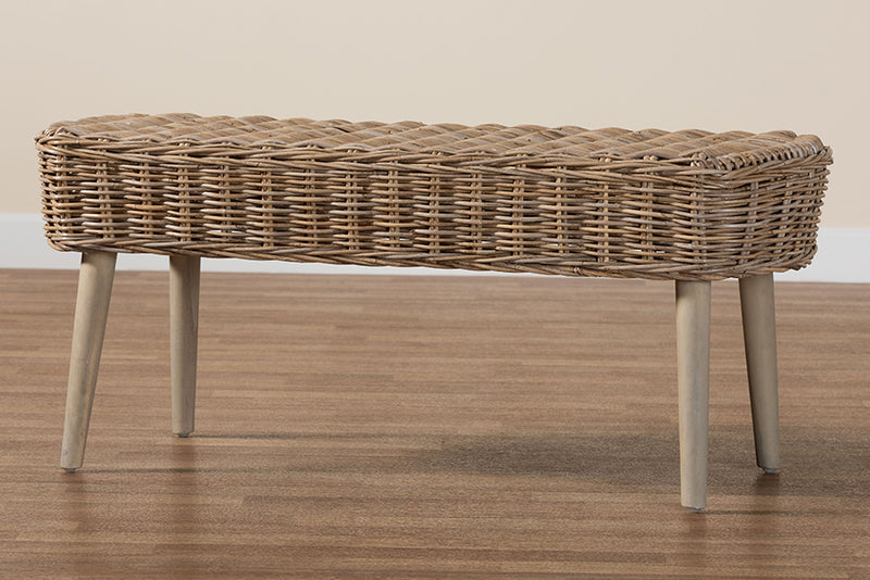 Vologne Modern Bohemian Natural Kubu Rattan and Gray Acacia Wood Accent Bench