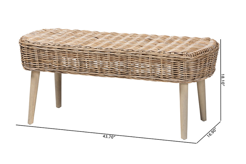 Vologne Modern Bohemian Natural Kubu Rattan and Gray Acacia Wood Accent Bench