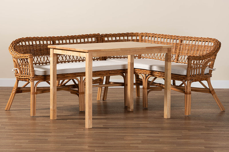 Mira Natural Brown and Rattan 3-Piece Dining Nook Set Baxton