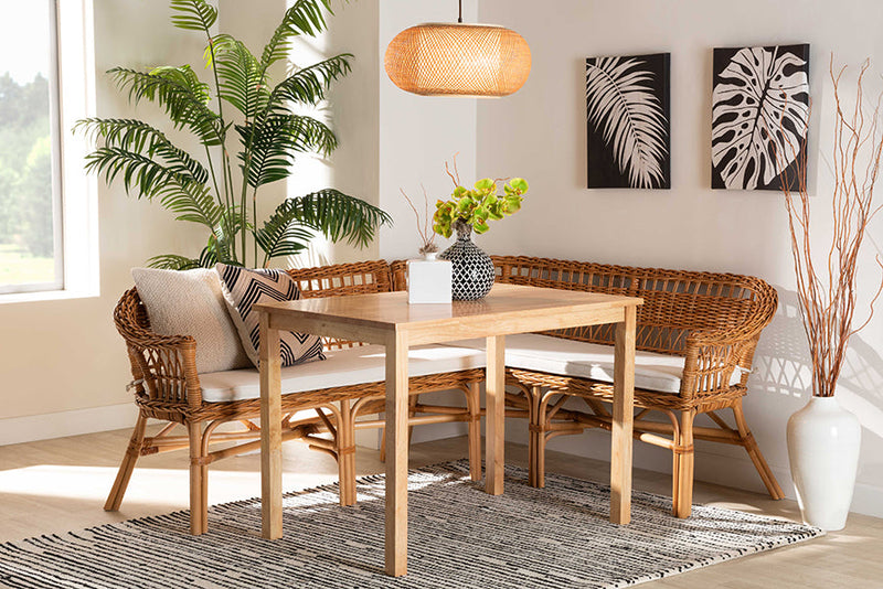 Mira Natural Brown and Rattan 3-Piece Dining Nook Set Baxton