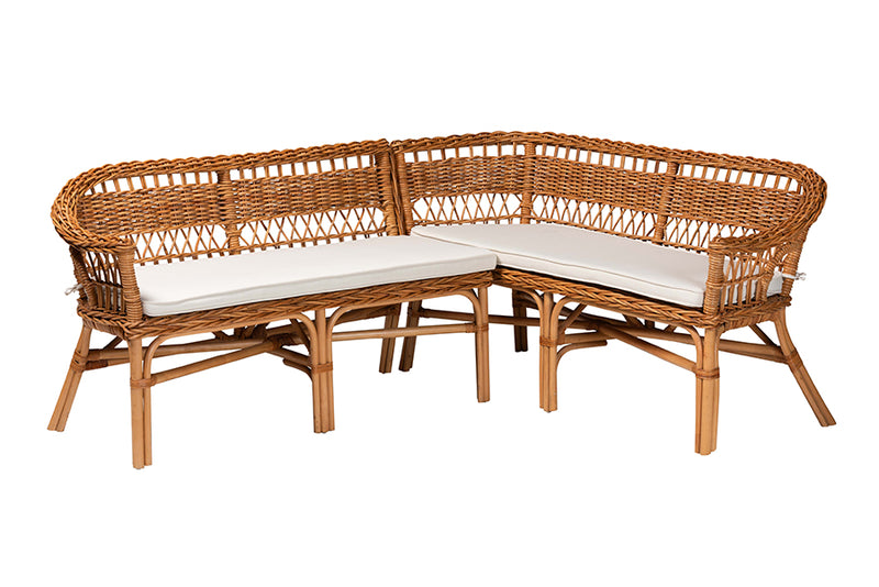 Mira Modern Bohemian Natural Brown Rattan 2-Piece Dining Nook Banquette Set