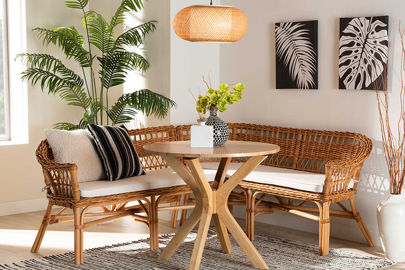 Mira Modern Bohemian Natural Brown Rattan 2-Piece Dining Nook Banquette Set