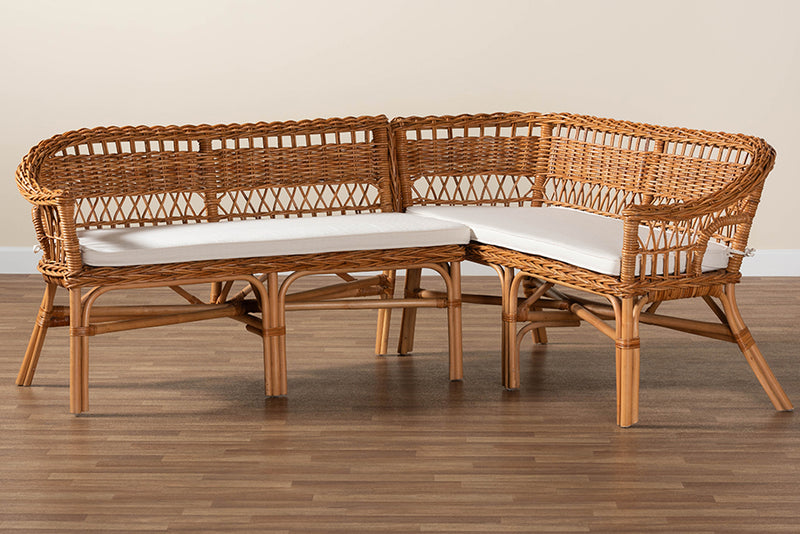 Mira Modern Bohemian Natural Brown Rattan 2-Piece Dining Nook Banquette Set