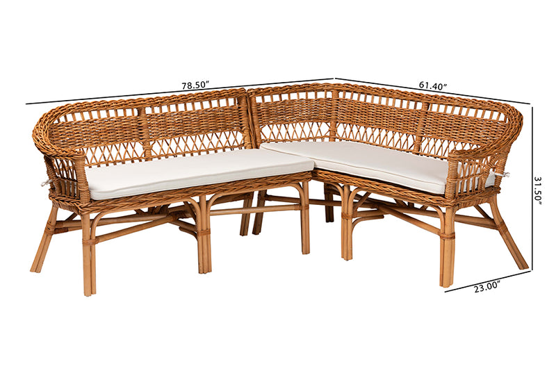 Mira Modern Bohemian Natural Brown Rattan 2-Piece Dining Nook Banquette Set