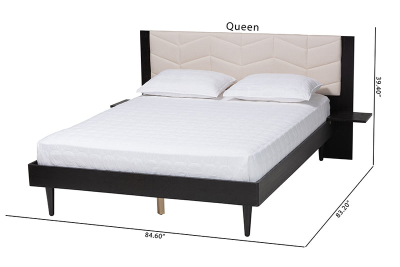 Richmond Transitional Beige Fabric and Black Wood Queen Size Bed w/Built-In Side Tables