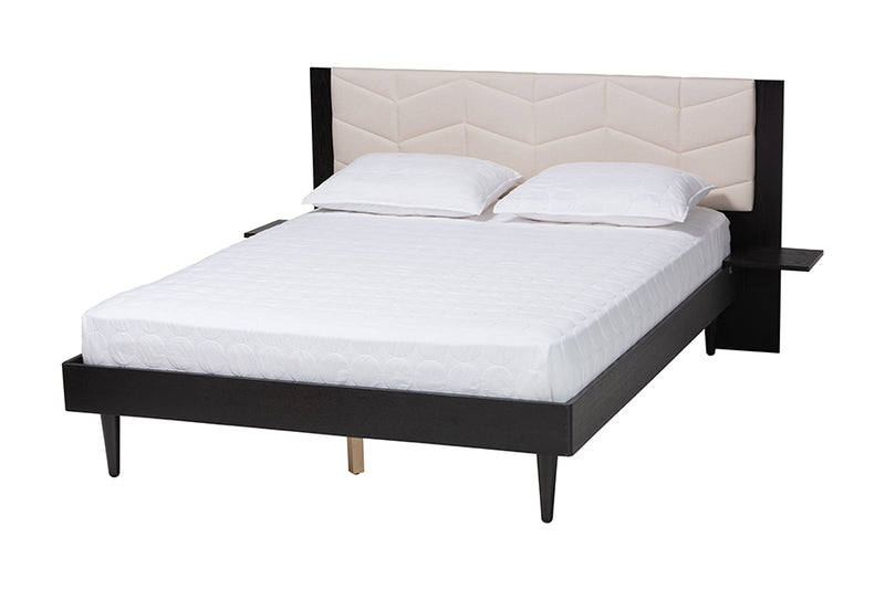 Richmond Transitional Beige Fabric and Black Wood Queen Size Bed w/Built-In Side Tables