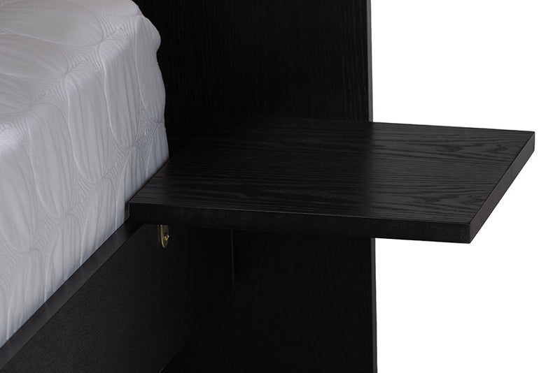 Richmond Beige Fabric and Black Wood Queen Size Bed w/Built-In Side Tables Baxton