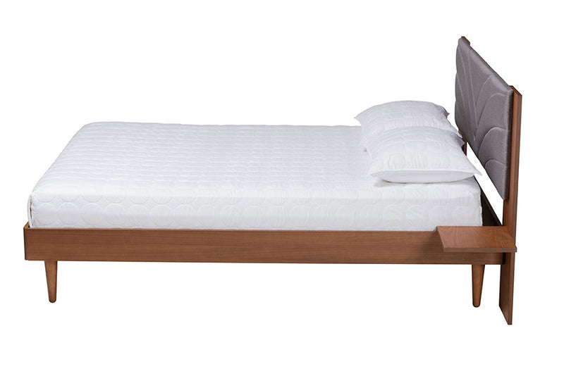 Malinda Gray Fabric and Walnut Brown Wood Queen Size Platform Bed w/Side Table Baxton