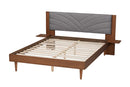 Malinda Gray Fabric and Walnut Brown Wood Queen Size Platform Bed w/Side Table Baxton