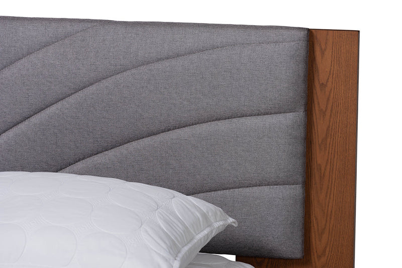 Malinda Gray Fabric and Walnut Brown Wood Queen Size Platform Bed w/Side Table Baxton