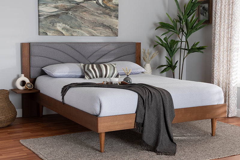 Malinda Mid-Century Modern Gray Fabric and Walnut Brown Wood King Size Platform Bed w/Floating Side Table