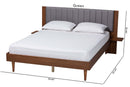 Vivienne Gray Fabric and Walnut Brown Wood Queen Size Bed w/Built-In Side Tables Baxton