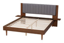 Vivienne Gray Fabric and Walnut Brown Wood Queen Size Bed w/Built-In Side Tables Baxton
