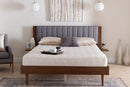 Vivienne Gray Fabric and Walnut Brown Wood Queen Size Bed w/Built-In Side Tables Baxton