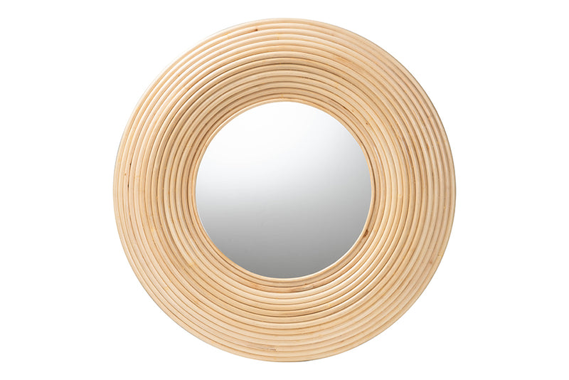 Nevio Modern Bohemian Natural Brown Rattan Round Accent Wall Mirror